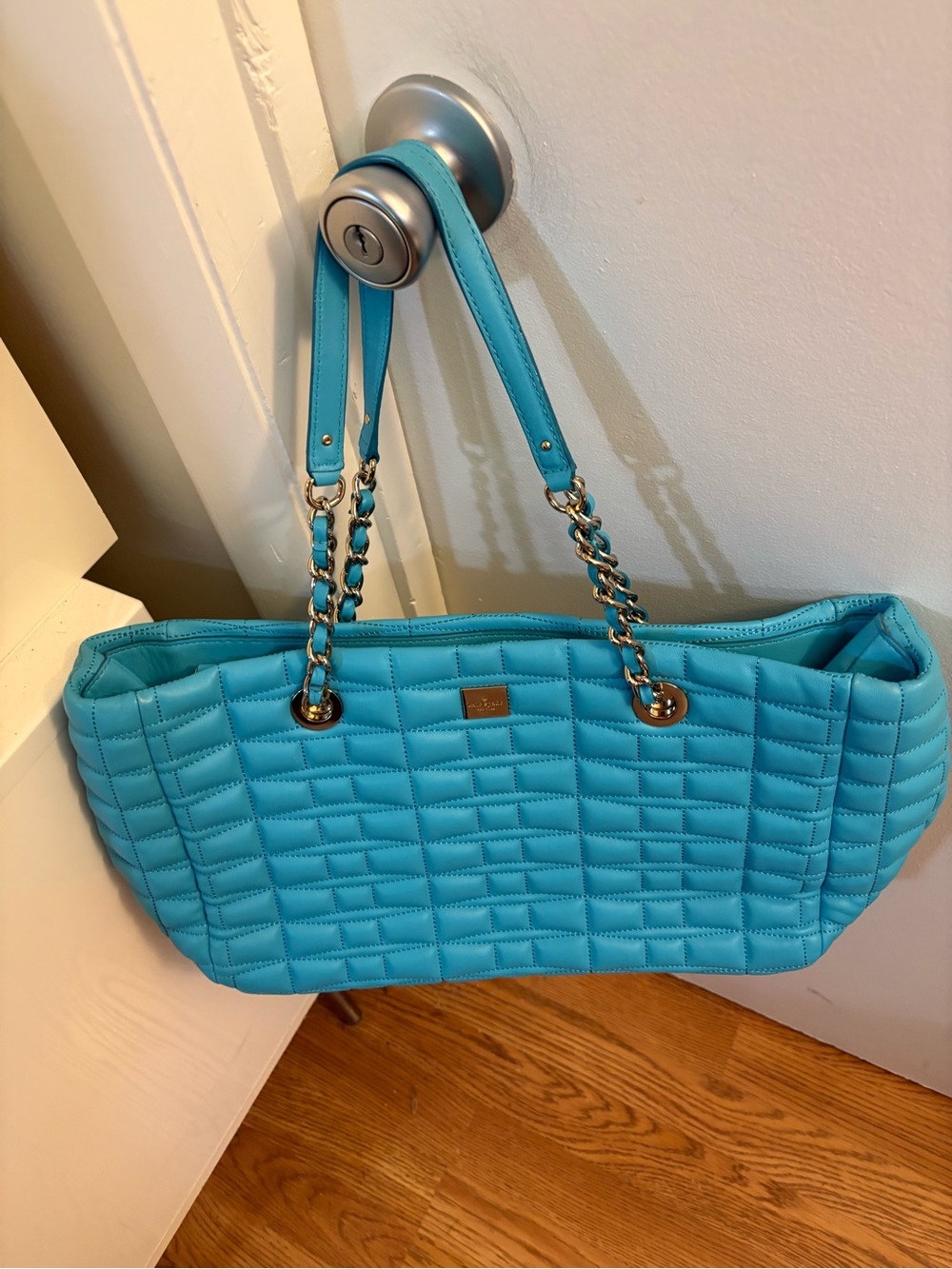 Quilted Turquoise Leather Tote Bag with Chain-Strap